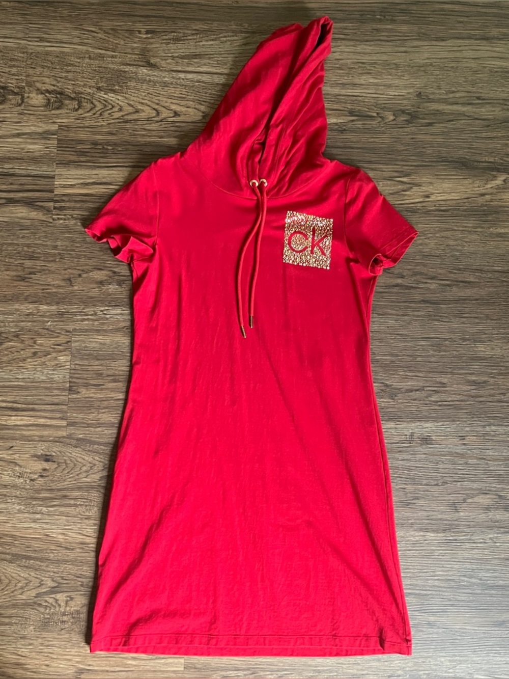 Calvin Klein Red Short Sleeve Hoodie T-Shirt Dress • CL Logo Medium